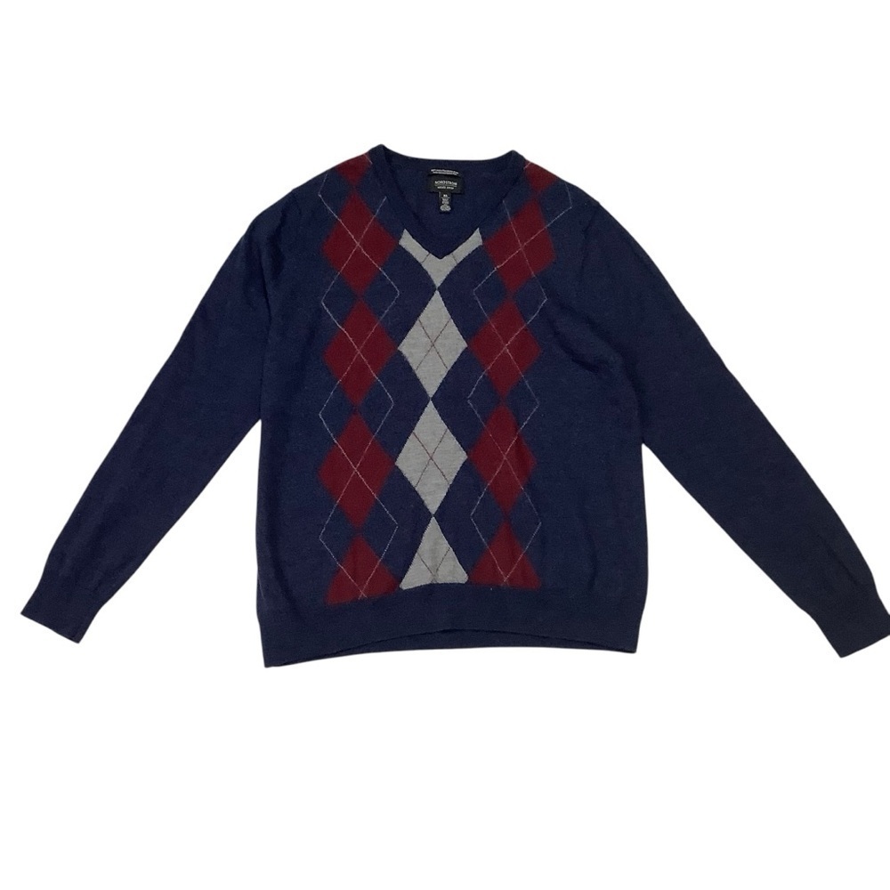 Nordstrom 100% Merino Wool V-neck Argyle Sweater Sz XL Navy Scarlett